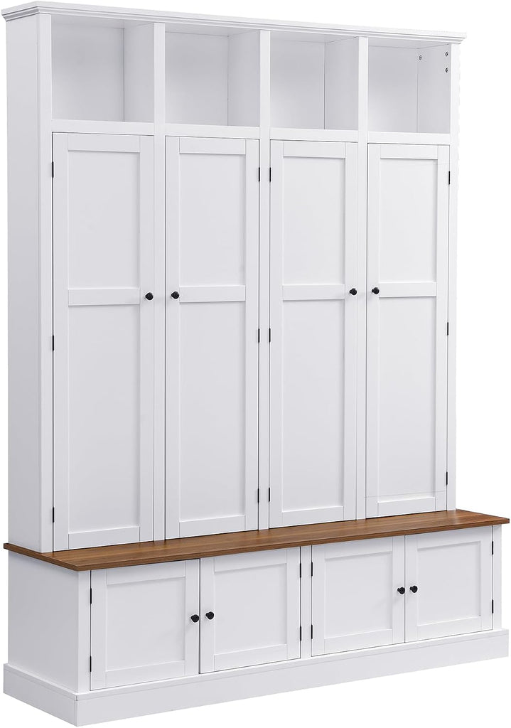 Farmhouse Hall Tree with Bench and Cabinet, 4-in-1 Entryway Storage Organizer with Rack, Shoe Storage and Hooks for