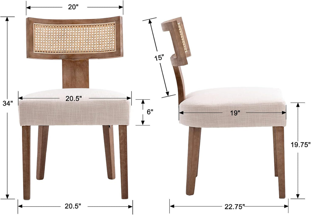 Rattan Dining Chairs Set of 4, Mid Century Modern Dining Chair Upholstered Linen Fabric Kitchen Side Chair, Modern