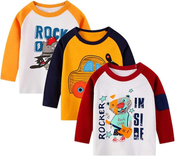 Boys Long Sleeve T-Shirt Cotton Casual Winter Crewneck Basic Active Tops Tee Tunic Shirts 3 Packs Sets