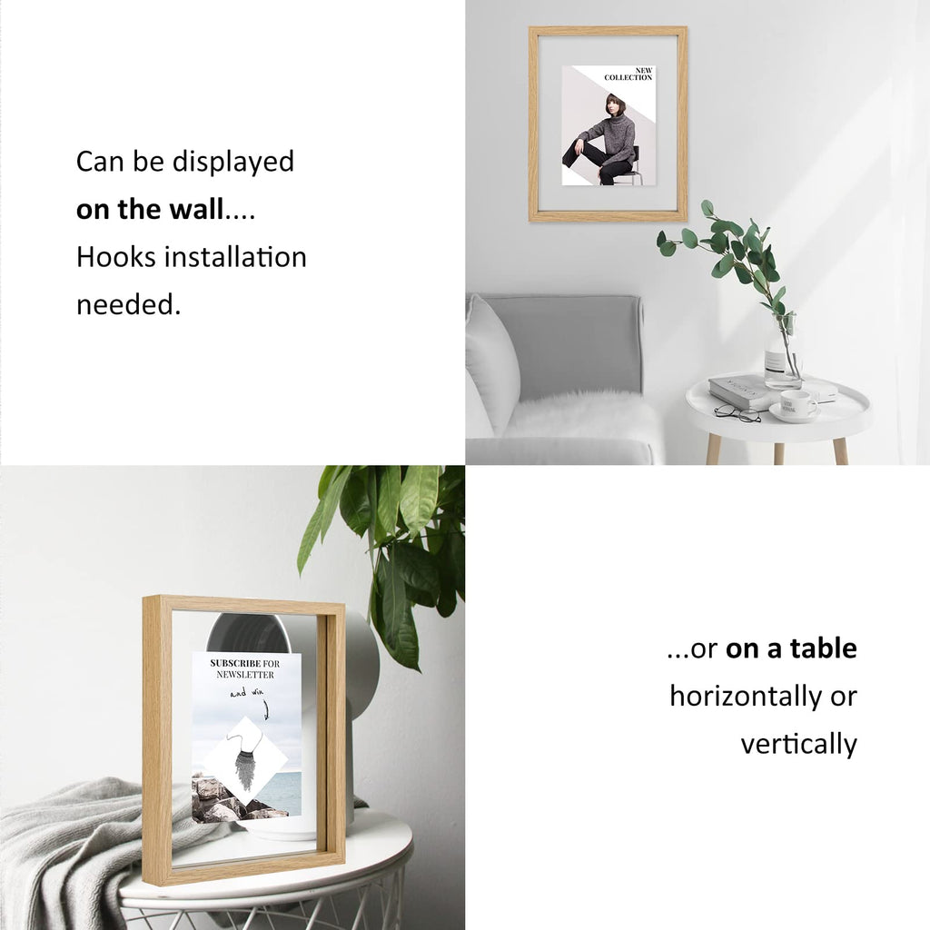8x10 Floating Frame Set of 2, Double Glass Rustic Photo Frame for Wall Hanging or Tabletop Standing, Display Any Size