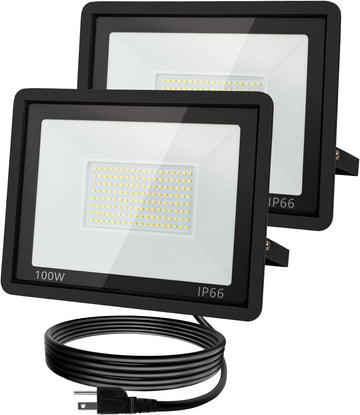 100W LED Flood Light Outdoor, 10000LM Super Bright Floodlight Outside Work Lightwith Plug, 6500K Daylight White LED