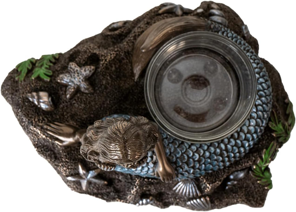 Nautical Mermaid Votive Tealight Candle Holder, Bronze and Blue Decorative Figurine with Glass Cup, Ocean Theme Res