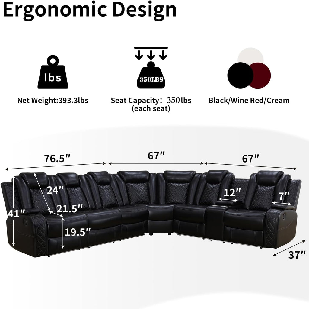 Power Recliner Sofa Sectional Couch with LED Light for Living Room,Leather Reclining Corner Sectional Sofa with 2