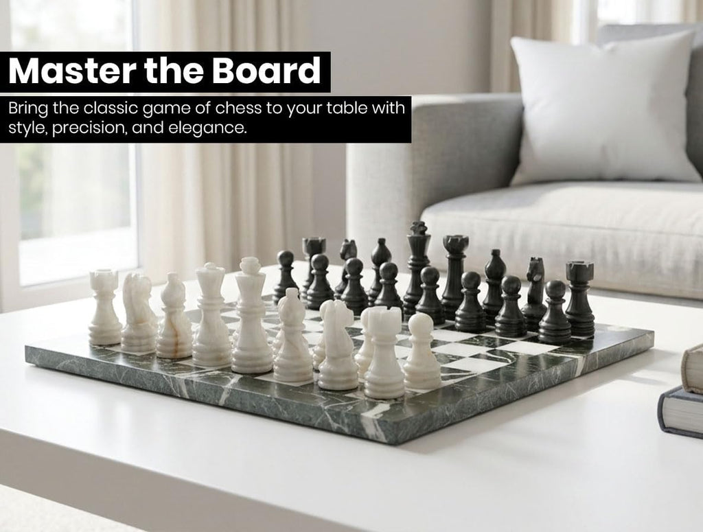 Marble Chess Set with Board and Storage Box - Handcrafted Stone Chess Board with Marble Chess Pieces, 12x12 Inch - Set of 32