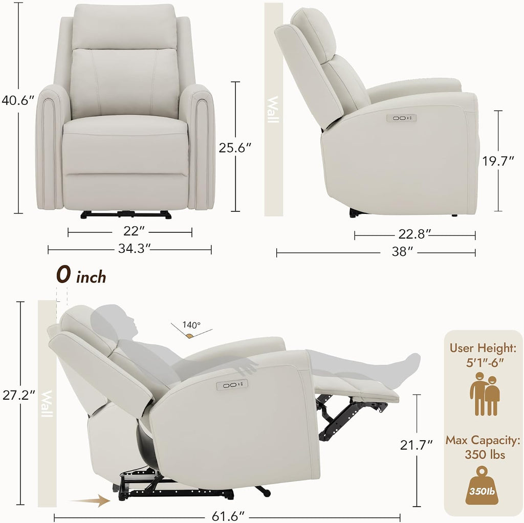 Zero Wall Hugger Power Recliner Chair , Modern Electric Reclining Chair with USB & Type-C Ports, Faux Leather
