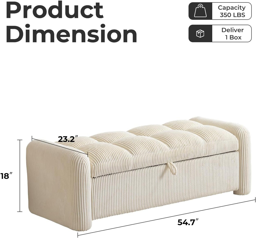 Oversized Corduroy Ottoman Bench with Storage, Upholstered End of Bed Bench , Ottoman Foot Rest , Beige