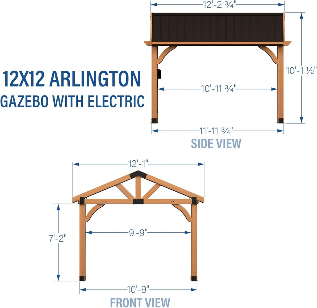 12' x 12' Cedar Wood Outdoor Gazebo Pavilion with Hardtop Galvanized Steel Peak Roof, Snow Support