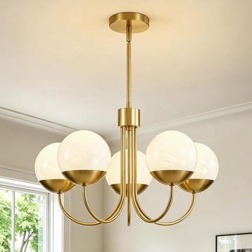 5-Light Modern Gold Chandelier, Mid Century Sputnik Globe Pendant Light with Milk White Glass Shades, Height