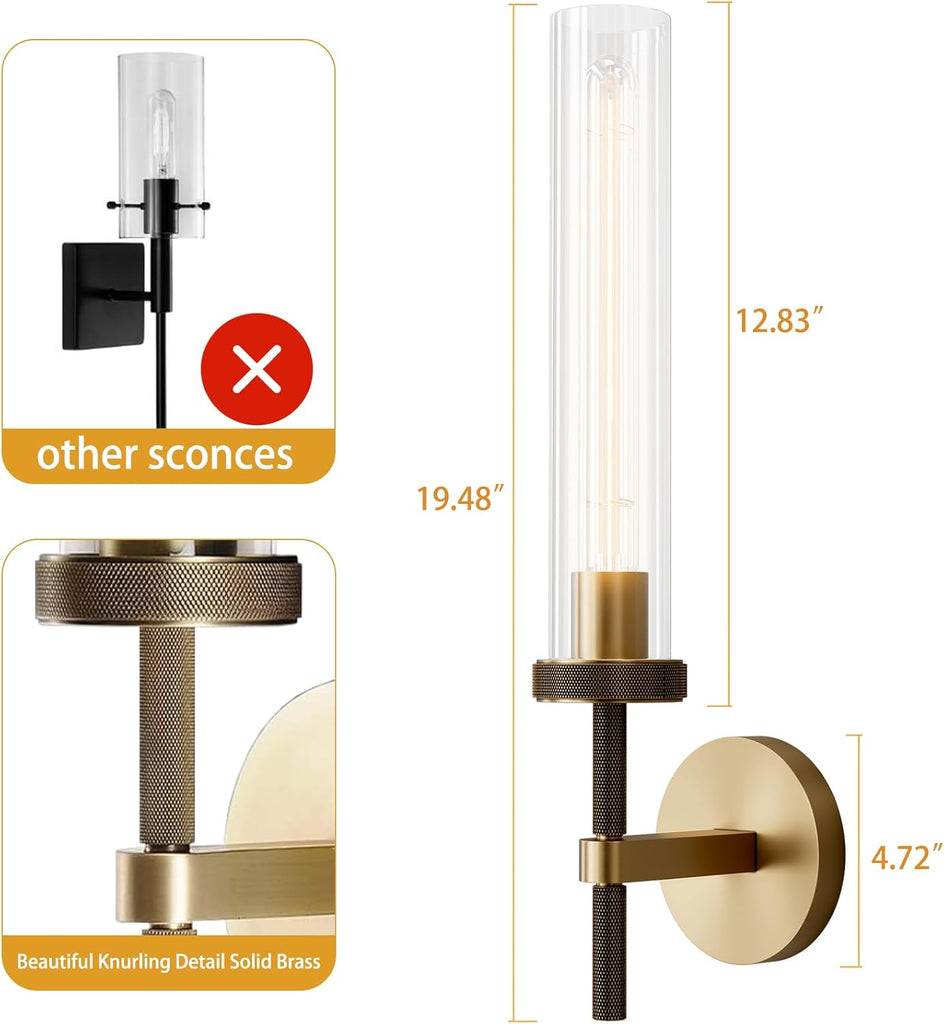 Inspired Cannele Style Farmhouse Chandelier with Glass Tube, Gold 6-Lights Wagon Wheel Chandeliers,Gold sconces Wall Lighting, 19" Knurling Brass Wall Sconces Set of Two
