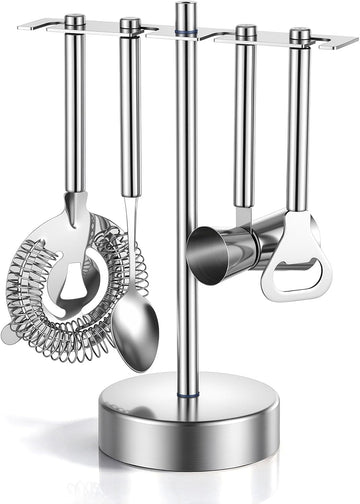 4 Piece Bar Accessories with Stand Stainless Steel Bartender Kit Bar Cart Accessories Include Jigger, Strainer