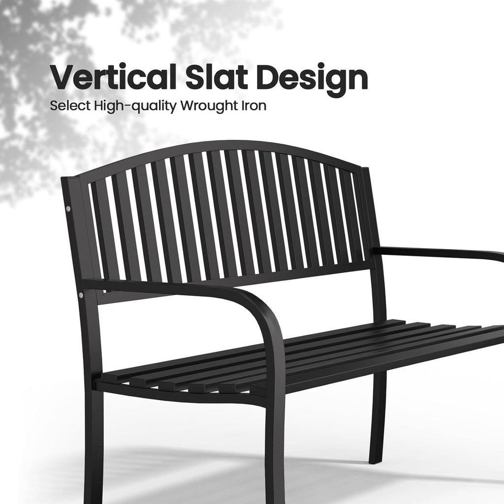 Garden Bench, 50" Outdoor Bench, 660LBS Wrought Iron Porch Bench, Patio Bench with Armrests for Garden Lawn or Yard