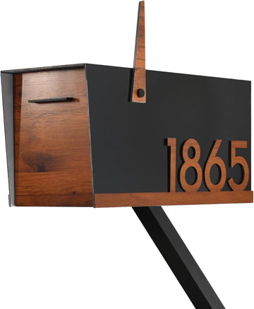 Contemporary Post Mounted Mailbox - Aluminum (ACP) Black Body with Aluminum (ACP) Red Oak Door and Underline Numbers