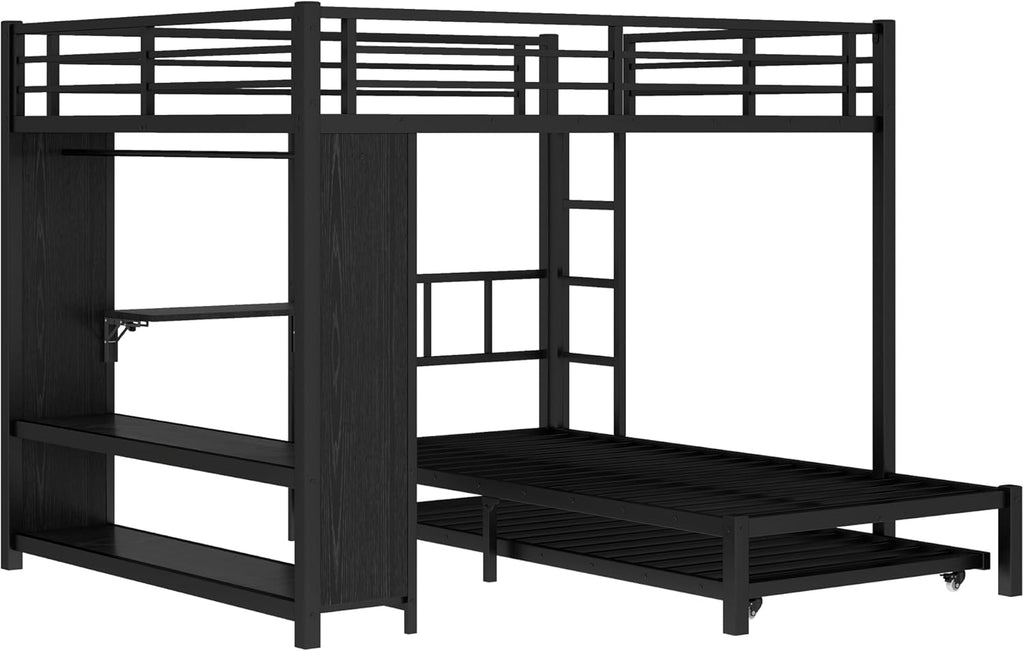 Queen Over Twin XL bunk Bed with Foldable Desk and Wardrobe and Twin Trundle, loft Bed with Desk and Desk