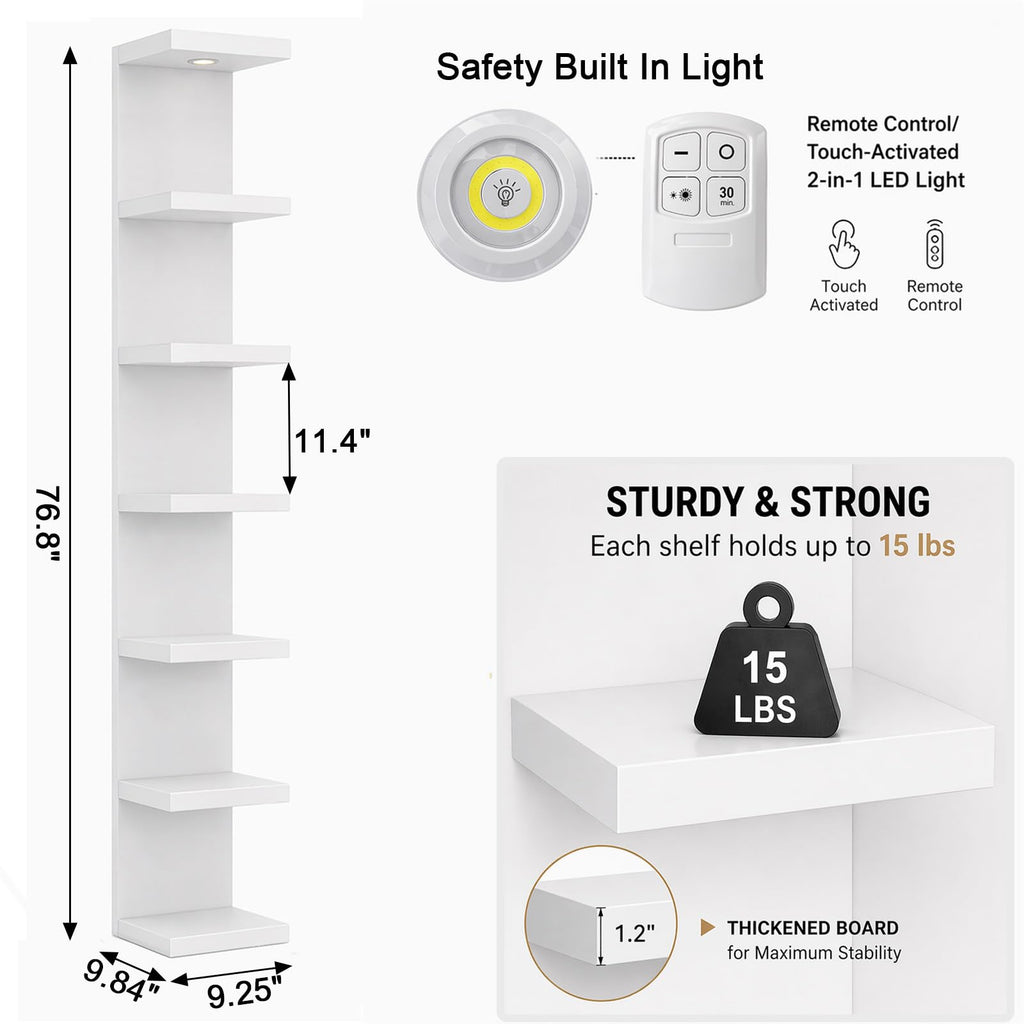 Versatile 7 Tier Wall Shelf Unit, White Lack Wall Shelf, Display Floating Shelf with LED Remote Control Light