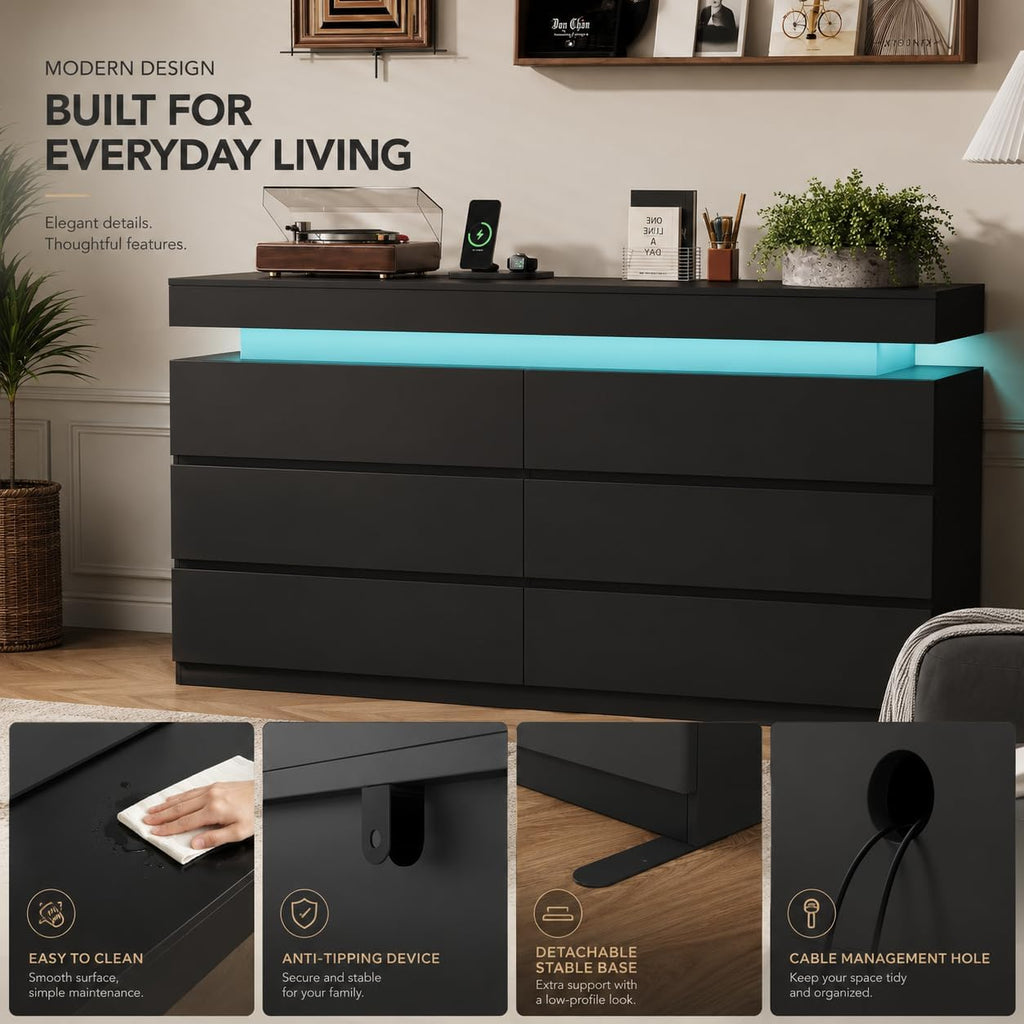 6 Drawer Dresser with LED Lights & Charging Station, Modern Floating Black Dresser , Smart Storage Chest with 2 AC