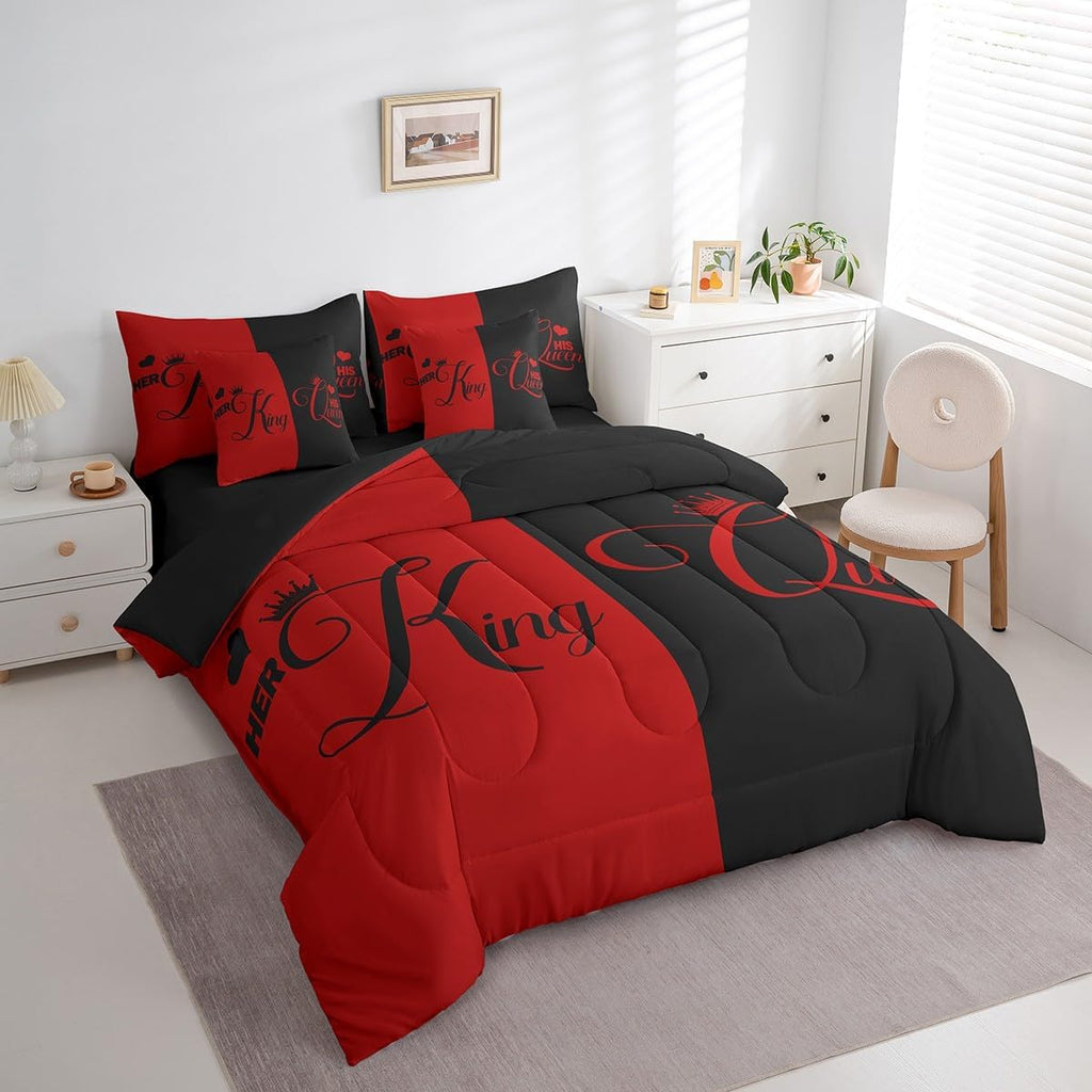 King and Queen Crown Bed in a Bag King Comforter Set 7 Pieces,Her King and His Queen Bedding Set,Romantic Valentine's - Set of 7