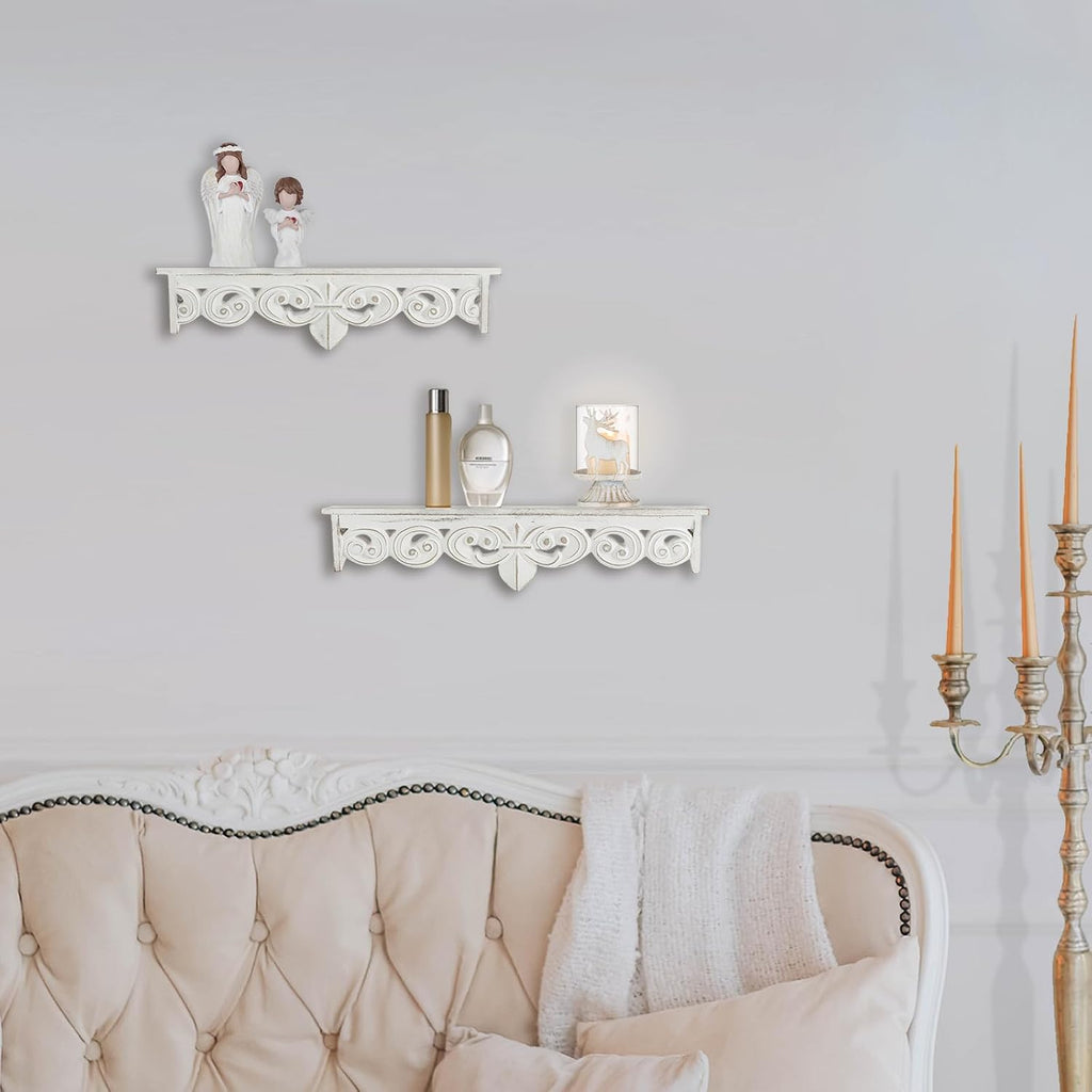 Whitewashed Wood Floating Wall Shelves Set of 2, 16.5in & 15in Long | Shelves with Crown Molding Details, Distressed