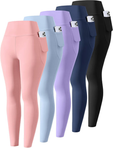 5 Packs Girls Athletic Leggings Kids Yoga Pants with Pockets High Waist Leggings Yoga Dance Workout Running