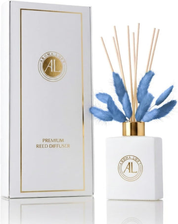 Luxury Reed Diffuser Set | White Matte Glass with 5oz Vanilla Lumiere Oil Scent,8 Scented Sticks with Dry Flowers |
