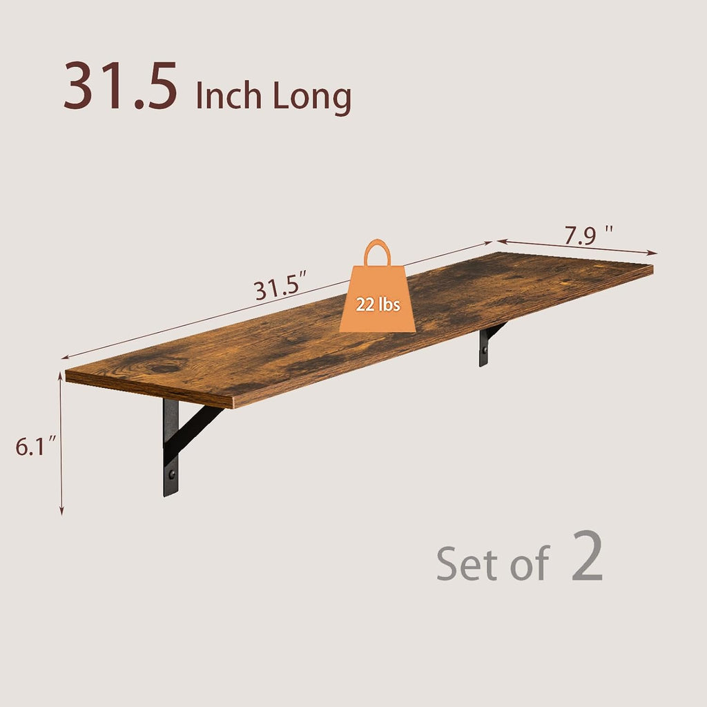 Long Wall Shelves, 31.5" Wall Mounted Shelves with Metal Brackets | Floating Book Shelves, Set of 2, Easy Assembly