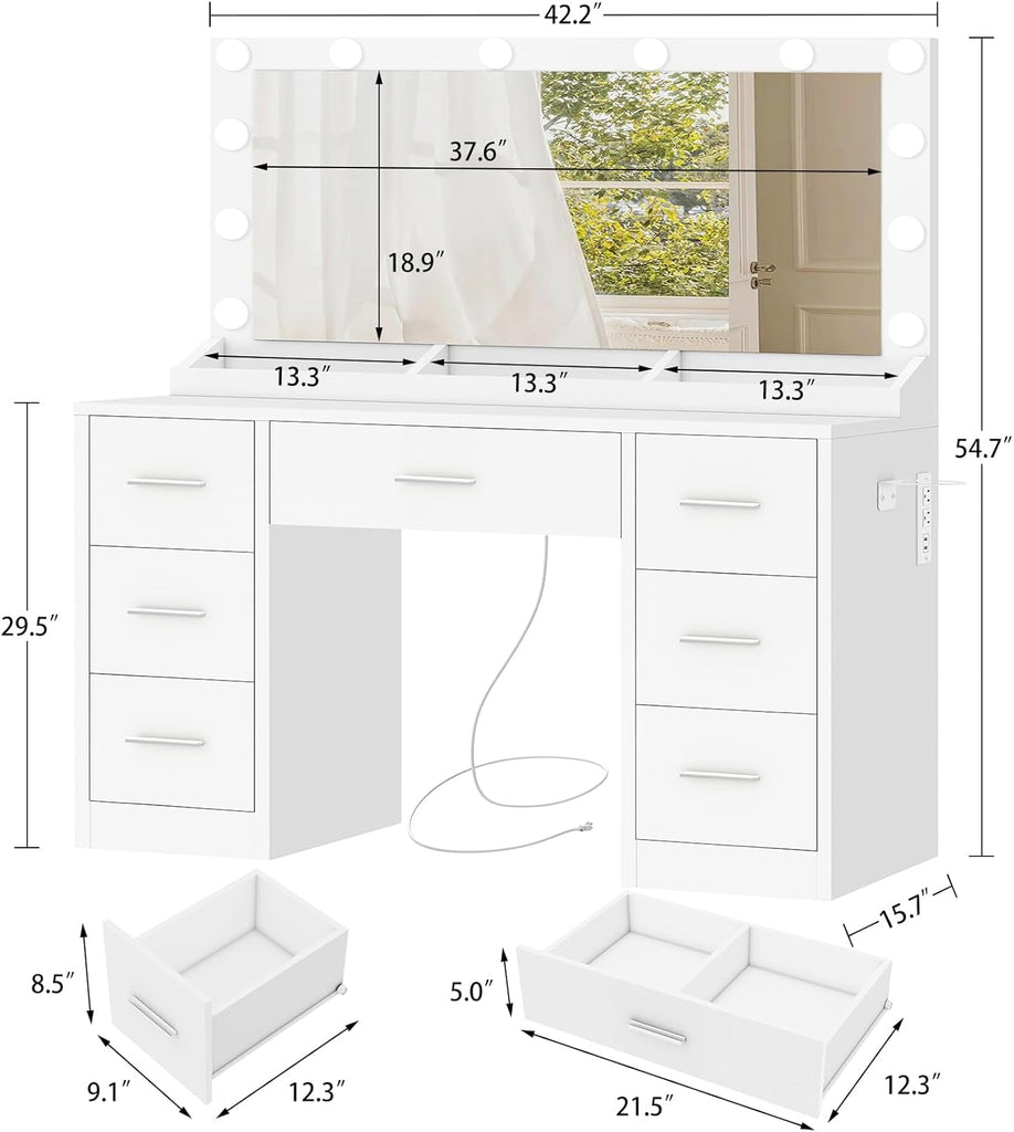 Vanity with Large Mirror and 12 LED Lights, Vanity Desk with 7 Drawers & Hairdryer Holder, Makeup Vanity Desk with
