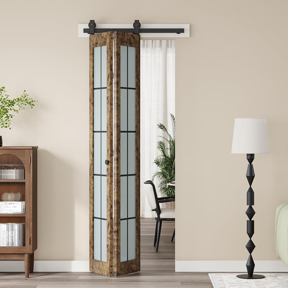 Preassembled Bifold Barn Door 30 x 84 in,Double 15 x 84 in Solid Wood & Grid Glass Panels, Bi-Fold B