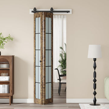 Preassembled Bifold Barn Door 30 x 84 in,Double 15 x 84 in Solid Wood & Grid Glass Panels, Bi-Fold B
