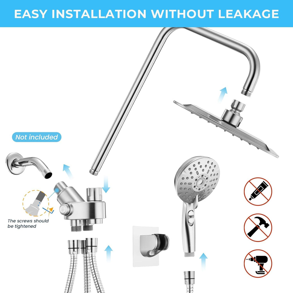 Dual Shower Head Combo, 8'' High Pressure Rain Shower Head with Handheld Spray, 6+1 Spray Settings Handheld Showerhead