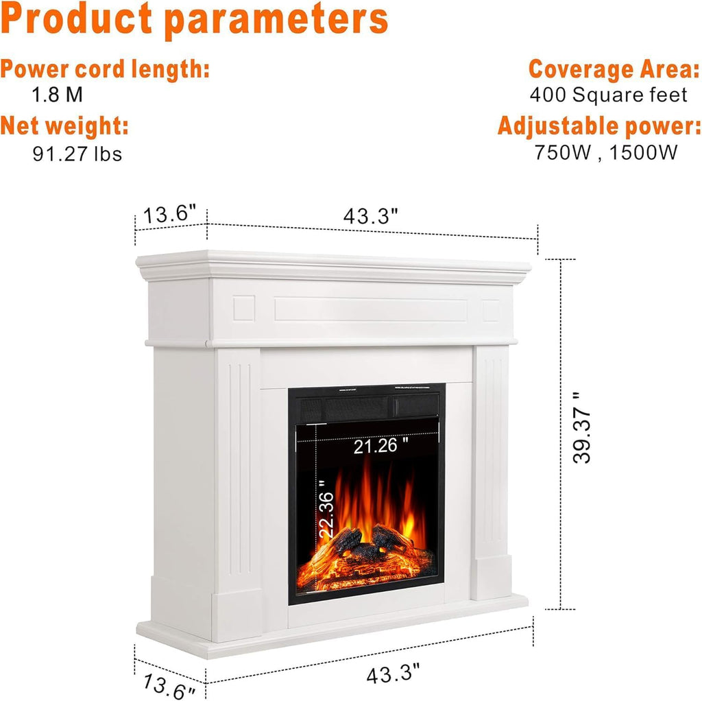 44 Inch Electric Fireplace with Mantel Surround, 750W/1500W Freestanding LED Fireplace Heater with Realistic Flame and Remote Control, Pearl White