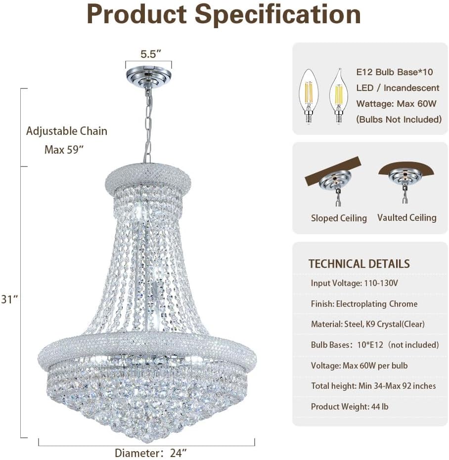 Modern Crystal Chandelier Light Fixtures - D23.6 inch, 10 Lights Chrome Ceiling Haning Chandelier, Pendant Lighting for Living Room, Dining Room, Foyer, Entryway, Hallway