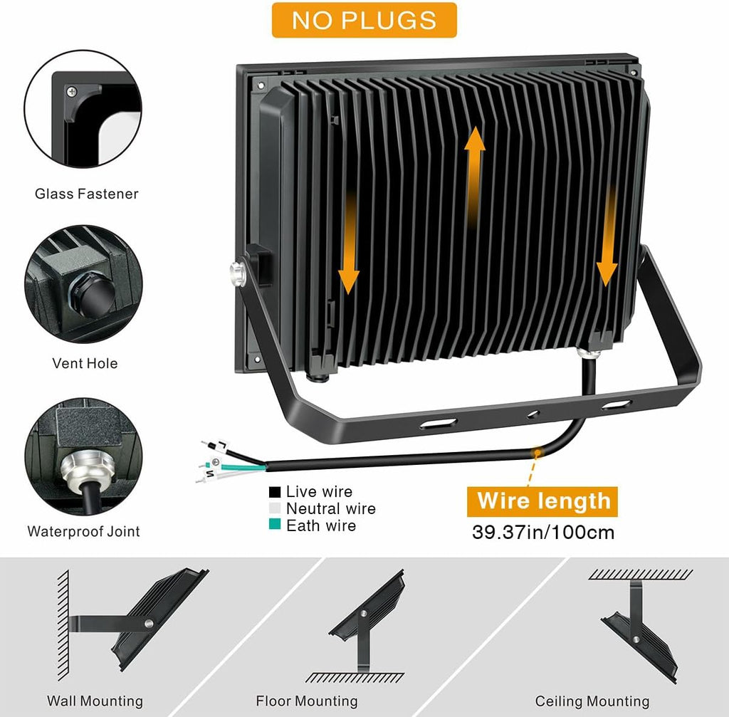 2 Pack 150W Led Flood Lights, 15000lm 6000K Daylight White Exterior Flood Lighting, Outdoor Indoor Lights Fixture