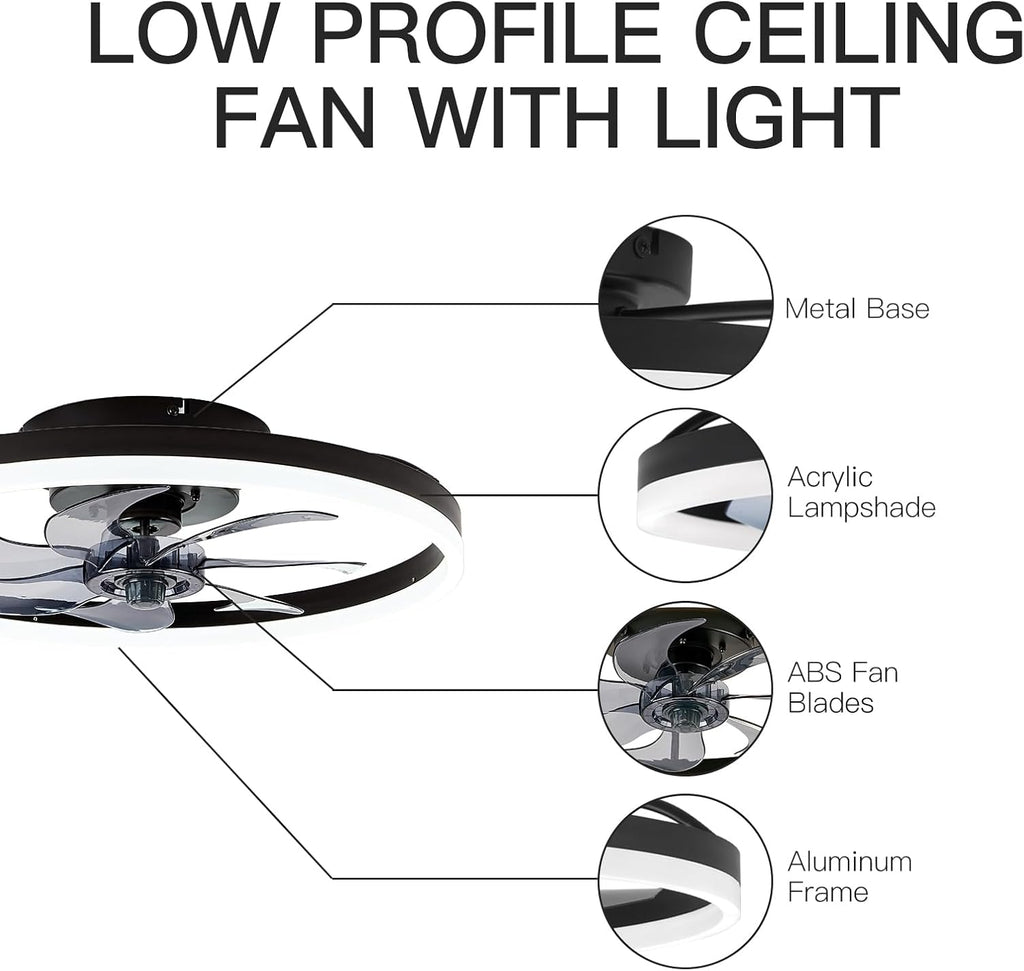 20'' Modern Low Profile Ceiling Fan with Light, Bedroom LED Ceiling Fan with Remote Control