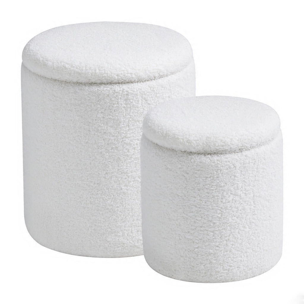 Set of 2 Round Storage Ottoman, White Sherpa Ottoman with Storage