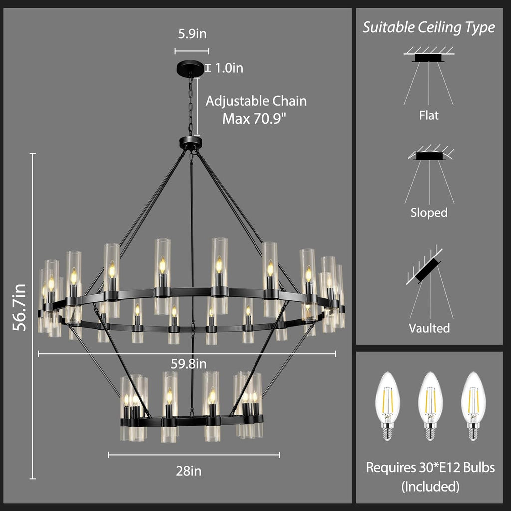 Inspired Ravelle Style 2 Tier Black Wagon Wheel Chandelier, 60 Inch Farmhouse Chandelier with Glass Tube, 30-Light Large Round Chandeliers for Dining Room, Living Room, Bedroom and Entryway