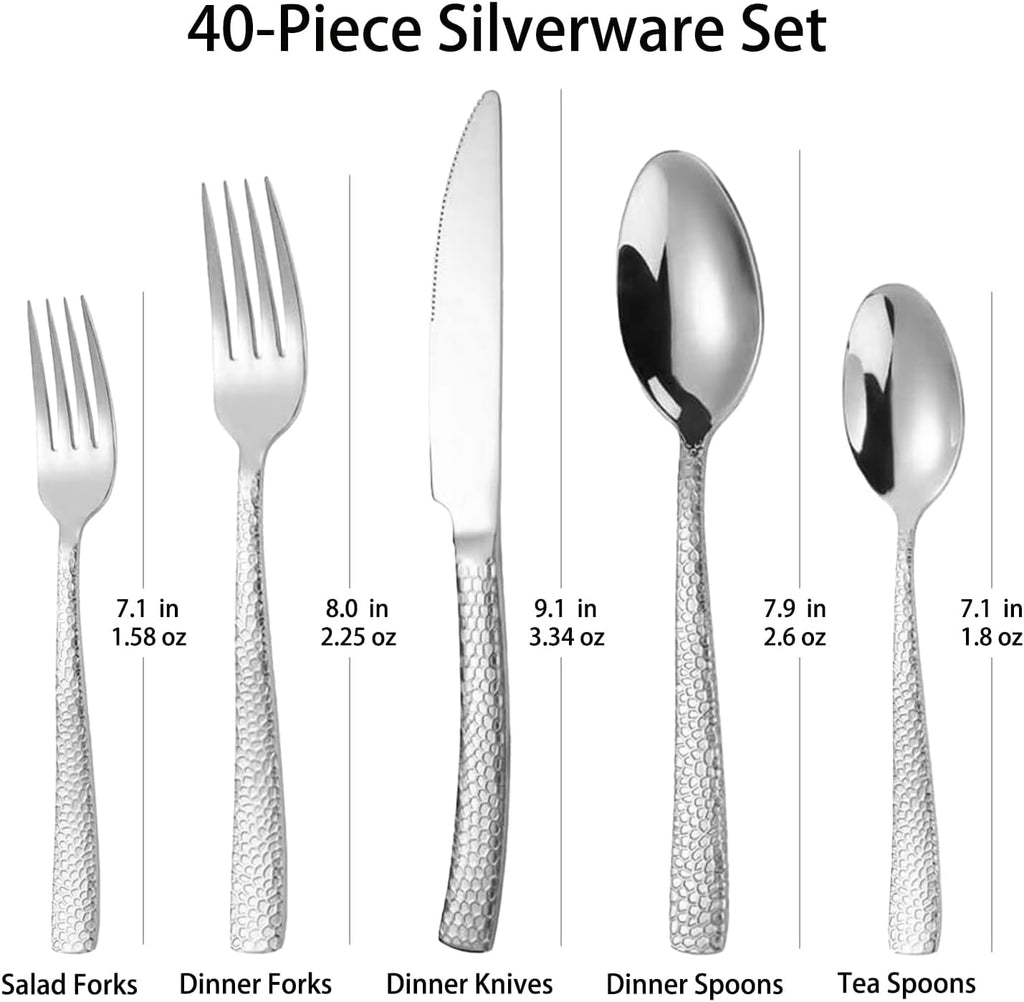 Hammered Silverware Set With Gift Box For 8 Cutlery Set Utensils Stainless Steel Flatware 40 Pieces Luxury Kitchen