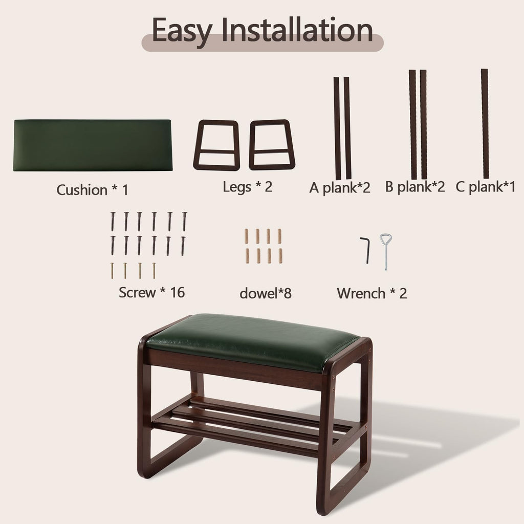 Small Shoe Rack Bench, 2 Tier Solid Wooden Entryway Bench(Green)