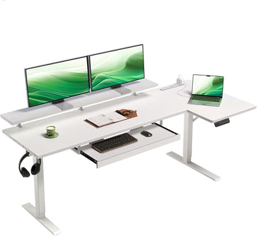 63 Inch Reversible L Shaped Electric Standing Desk, White | Monitor Stand, Keyboard Tray, Power Outlets, 3 Memory