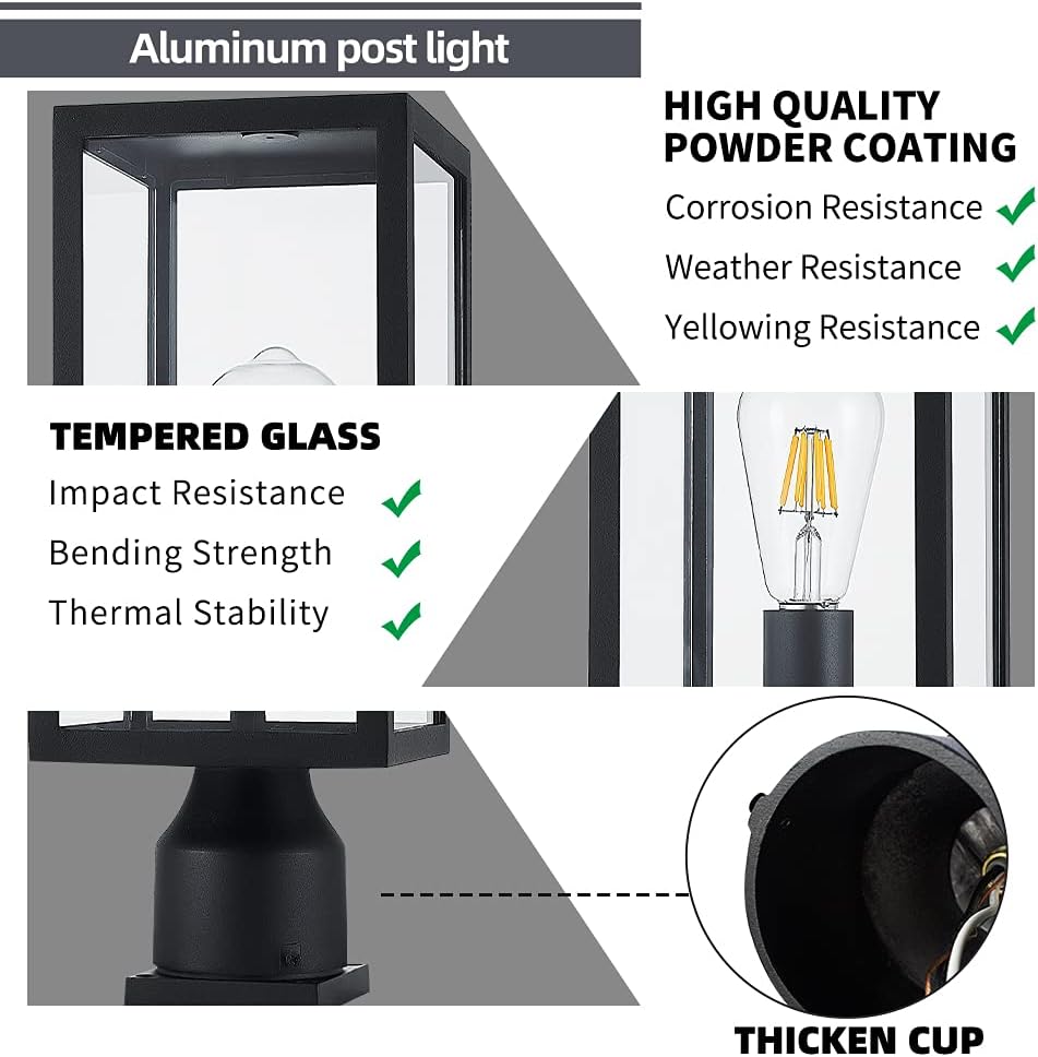 Large 15 inch Outdoor Post Light,Waterproof Cast Aluminium Lamp Post Light Fixture,Post Lantern with Pier Mount Base