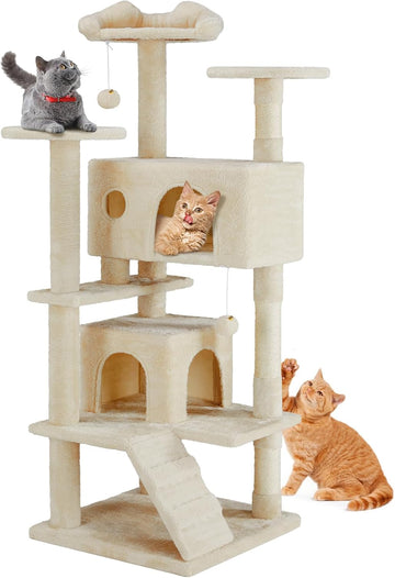 54-inch Indoor Cat Tree Tower - Multi-Level Pet House for Large Cats with 2 Condos, Scratching Posts, Round Platform