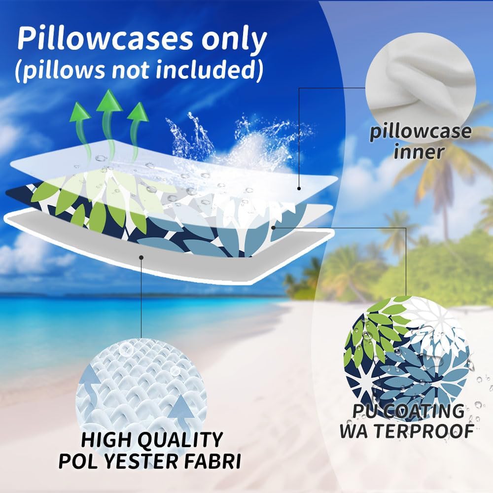 Outdoor Throw Pillow Covers 18x18 Inch Set of 2 Waterproof Spring Summer Geometric Elegant Blue Green Outdoor Pillow