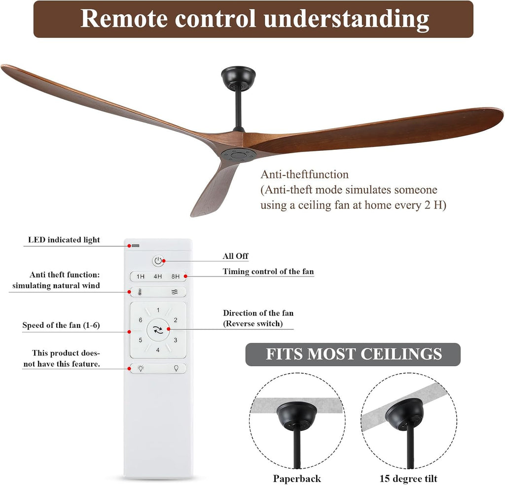Inspired Maverick Style 88" Ceiling Fan, Extra Large No Lights, 3 Wood Walnut Blades, DC Motor, Reversible Propeller Outdoor Ceiling Fan for Patios, Exterior House Porch, Farmhouse Gazebo with Remote Control