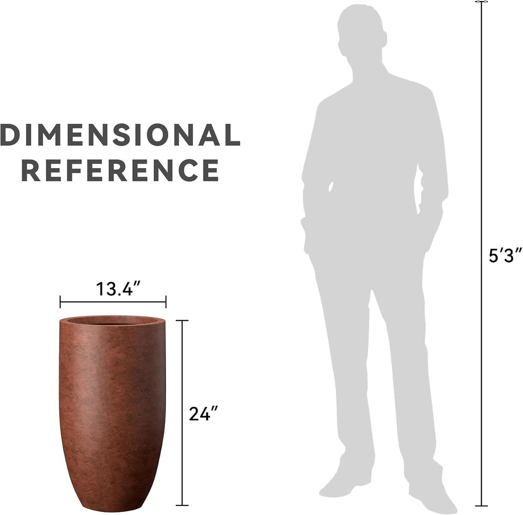 Large Round Tapered Rusty Concrete Planter 24" Tall, Outdoor | Rubber Plug for Indoor, Drainage for Garden