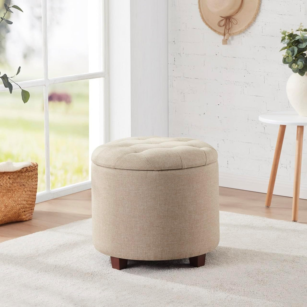 18" Round Storage Ottoman with Lid, Holds 300 lbs, Beige | Linen Tufted Fabric; Foot Rest Stool & Vanity Chair