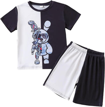 Kids Toddler Boy Clothes Outfits Bear Print Tee + Plaid Shorts 2 Pieces Summer Shorts Set
