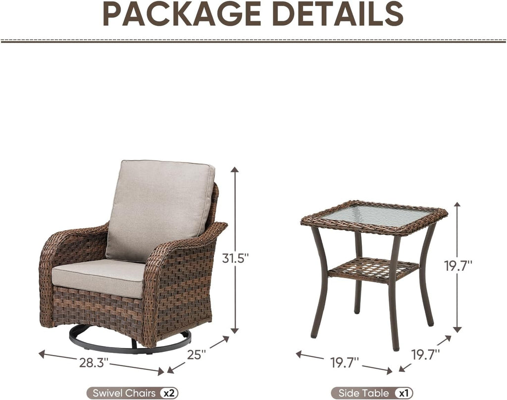 Patio Wicker Swivel Chairs -3 Piece Outdoor Swivel Rocking Chairs with Rattan Side Table, Ergonomic Design for Porch