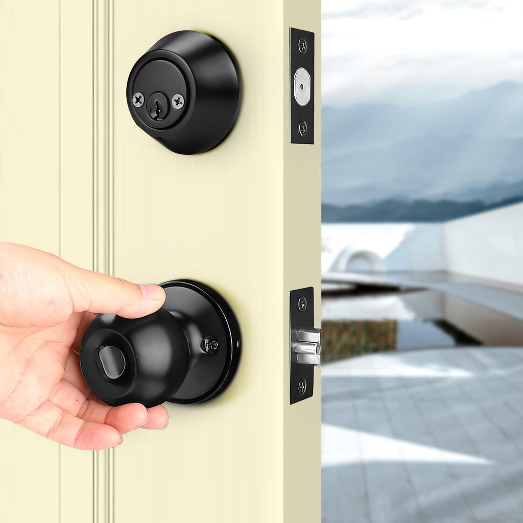 3 Pack Door Knob with Double Cylinder Lock, Black Front Door Knob and Deadbolt Combo Exterior Door Lock with Keyed