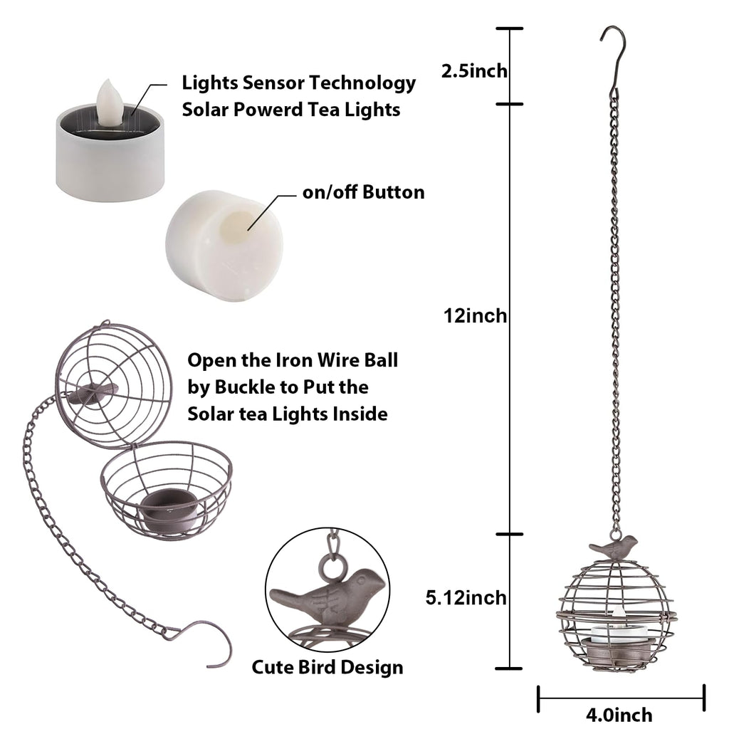 Solar Lanterns Outdoor Waterproof, Hanging Solar Lights with Rustic Iron Sphere Candle Holder, Globe Chandelier with