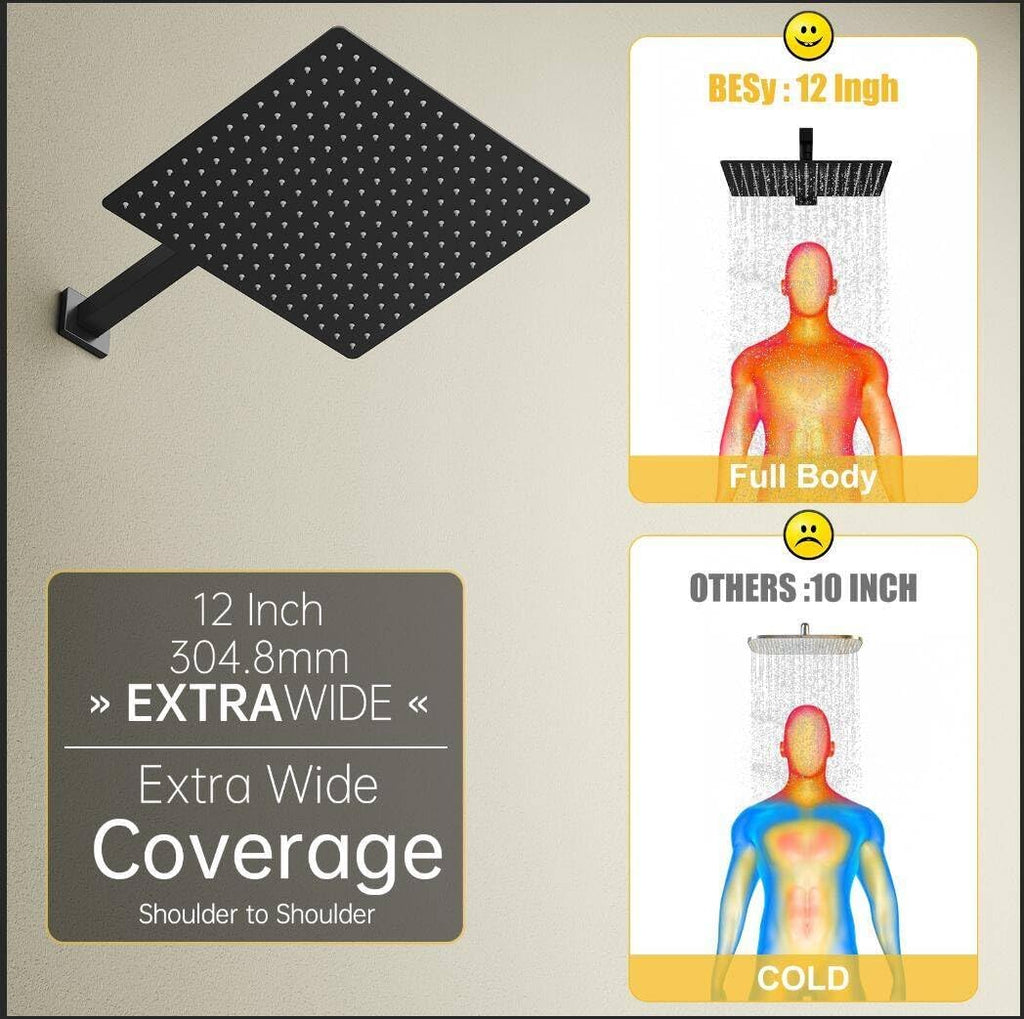 12 Inch Rain Shower Head, 12" Square Rainfall & High Pressure Stainless Steel Bath Showerhead, 1/16" Ultra Thin