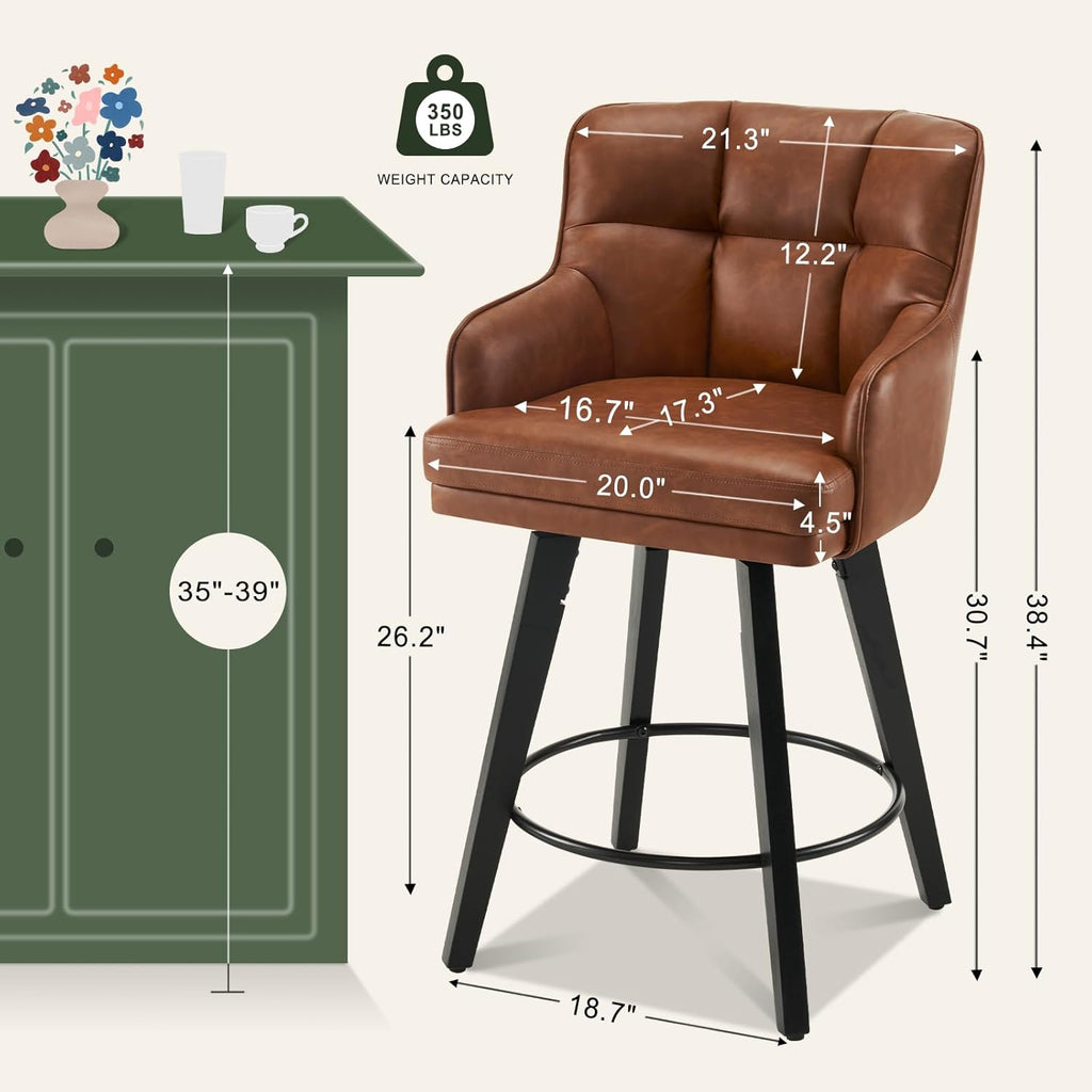 360°Swivel Counter Height Bar Stools with Back, 26 inch Solid Wood Legs, Bar Stool Modern Kitchen Island Chairs, Faux