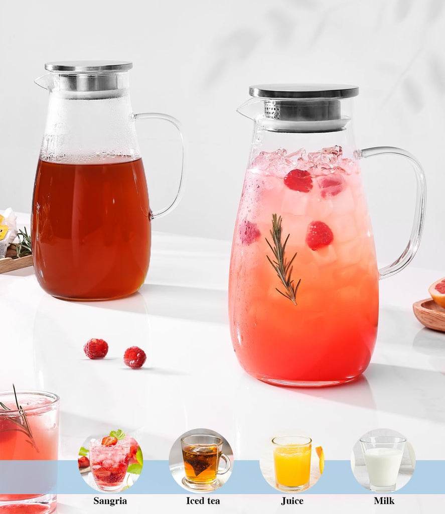 Glass Pitcher with Lid, Water Pitcher for Fridge, 64oz Drink Jug with handle, Borosilicate Glass for Iced Tea, Juice